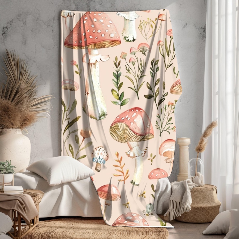 a bedroom with a mushroom themed wall hanging