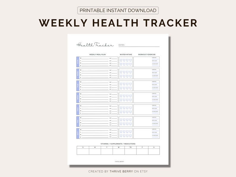 Weekly Health Tracker Journal PRINTABLE Meal Planner Fitness Tracker Health and Fitness Journal