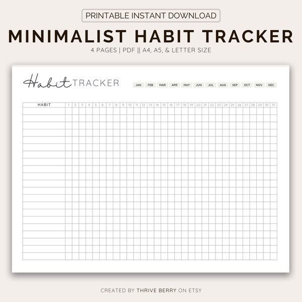 Daily Habit Tracker Printable, Healthy Habit Tracker, Eating Habit Tracker, Simple Habit Tracker Landscape 30 Day Challenge Instant Download