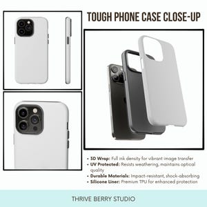 Peut inclure: Une coque de t&eacute;l&eacute;phone blanche avec un d&eacute;coupage pour l'objectif de l'appareil photo noir. La coque est pr&eacute;sent&eacute;e avec un t&eacute;l&eacute;phone noir &agrave; l'int&eacute;rieur. La coque est d&eacute;crite comme &eacute;tant robuste, avec un enveloppement 3D, une protection UV, des mat&eacute;riaux durables et une doublure en silicone.