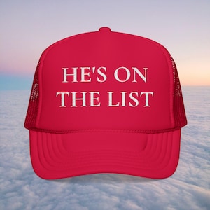 Czapka z daszkiem z pianki „He's On The List” – haftowana czerwona siateczka, Akta Epsteina, MAGA, PDF, Trump, Polityka zdjęcie 1