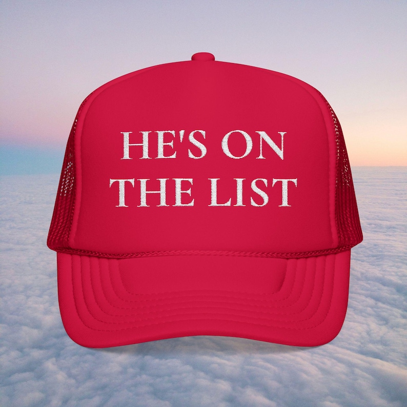 Czapka z daszkiem z pianki „He's On The List” – haftowana czerwona siateczka, Akta Epsteina, MAGA, PDF, Trump, Polityka zdjęcie 1
