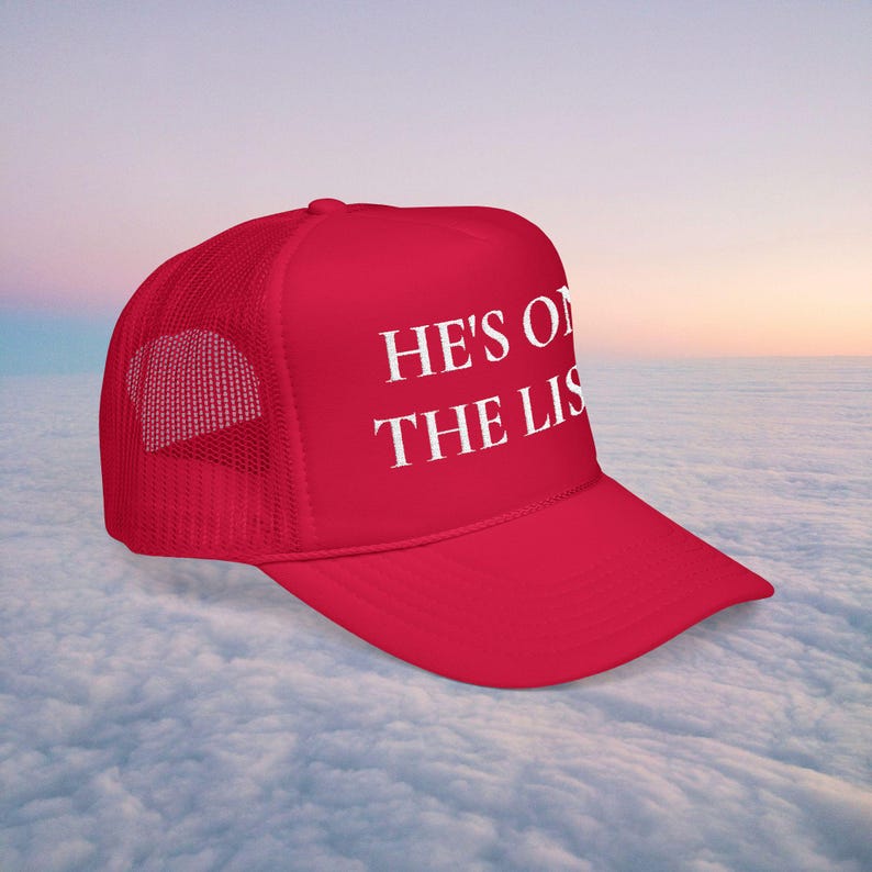 Czapka z daszkiem z pianki „He's On The List” – haftowana czerwona siateczka, Akta Epsteina, MAGA, PDF, Trump, Polityka zdjęcie 3