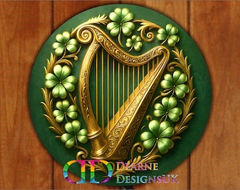 Letrero de arpa irlandesa, letrero del Día de San Patricio, arpa dorada, letrero de Erin Go Bragh, corona irlandesa, arpa y tréboles, arte de trébol gaélico, decoración celta