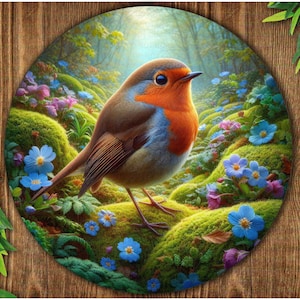 May include: A robin perched on a mossy green rock surrounded by blue and purple flowers. The bird has a red breast and a blue head. The background is a lush green forest.