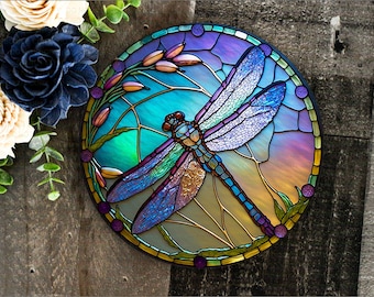 Dragonfly sign, Dragonfly wreath sign, Stained glass dragonfly, Faux Stained Glass sign, Metal Dragonfly sign, Welcome wreath sign