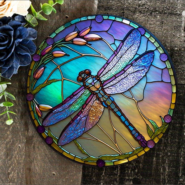 Dragonfly sign, Dragonfly wreath sign, Stained glass dragonfly, Faux Stained Glass sign, Metal Dragonfly sign, Welcome wreath sign