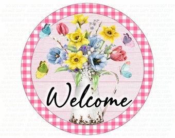 Bienvenido signo de corona de primavera, signo de corona de Pascua, signo de Pascua, corona de primavera, signo de Pascua, signo de primavera feliz, signo de primavera de bienvenida