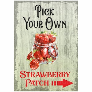 May include: A rustic wooden sign with the text "Pick Your Own Strawberry Patch" in red and black lettering. A jar filled with red strawberries is depicted in the centre of the sign, with an arrow pointing to the right.