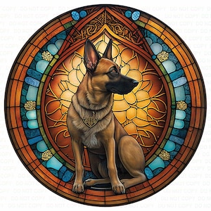 May include: A stained glass window design featuring a brown and black German Shepherd dog sitting in a circular frame with a yellow, orange, blue, and green stained glass pattern.