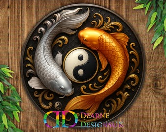Letrero de pared Yin Yang Koi, arte de pared de inspiración japonesa, letrero circular zen, decoración para el hogar con armonía espiritual, obra de meditación redonda y vibrante, letrero Koi