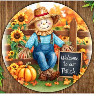 Bienvenue dans notre enseigne d&#39;épouvantail, couronne d&#39;épouvantail automne, enseigne d&#39;épouvantail, décoration d&#39;écusson citrouille d&#39;automne, accroche-porte automne rustique