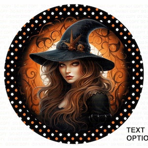 May include: A witch with long, flowing red hair wears a black pointed hat with a spiderweb design. She is surrounded by orange and black polka dots and a swirling orange background.