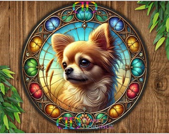 May include: A colorful, stained glass-style round design features a chihuahua dog with brown and white fur. The dog is looking to the right and has a light blue background.