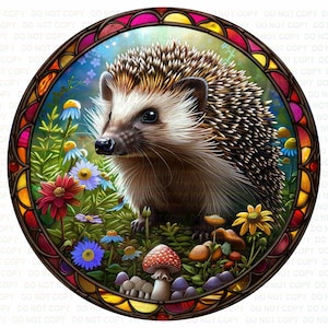 Könnte beinhalten: Eine Illustration im Stil eines Buntglasfensters mit einem Igel in einer Waldlandschaft. Der Igel ist braun und weiß mit einer dunklen Nase und schwarzen Augen. Der Hintergrund zeigt eine Vielzahl von Blumen und Pilzen in Rot-, Blau-, Gelb- und Grüntönen.