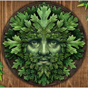 May include: A green man's face made of leaves, with a dark green beard and moustache. The face is surrounded by a circle of leaves, and the background is a wooden surface.