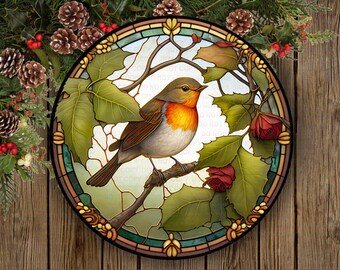 Robin xmas wreath sign, christmas robin sign, robin sign, robin wreath sign, faux stained glass sign, xmas robin sign, xmas plaque