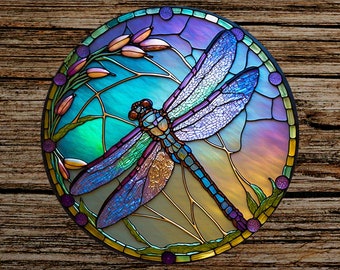 Faux stained glass Dragonfly garden decor sign for fence or wall hanging