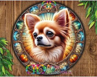 May include: A colorful stained glass design featuring a chihuahua dog with brown and white fur. The dog is looking to the right of the image. The stained glass design is in shades of blue, green, red, orange, and yellow.