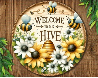 Bienvenue dans notre enseigne de couronne de ruche, enseigne de couronne d'abeilles, enseigne sur le thème des abeilles, enseigne de couronne de style abeille, plaque d'abeille, bienvenue dans notre ruche