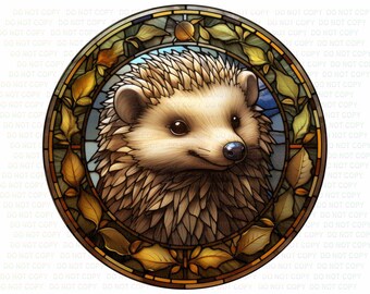 May include: A stained glass illustration of a hedgehog with brown and white fur, surrounded by a circular frame of yellow and brown leaves.