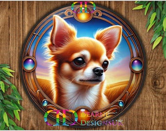 May include: A colorful illustration of a chihuahua dog with brown, white, and black fur. The dog is surrounded by a gold frame with blue and purple gemstones. The background is a sunset with orange, pink, and purple hues.