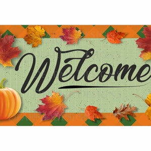 Welcome autumn wreath sign or door sign for wall. Pumpkin and leaves style with orange and green plaid effect