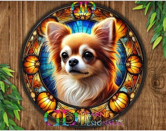 May include: A chihuahua dog with brown and white fur is depicted in a stained glass style artwork. The dog's head is centered in the image, with its ears perked up and its eyes looking directly at the viewer. The background is a colorful stained glass design with shades of blue, yellow, and orange.