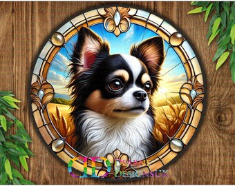 May include: A black and white chihuahua with brown ears is depicted in a stained glass style illustration. The dog is looking to the right with its tongue slightly out. The background is a colorful stained glass design with a blue sky and green grass.