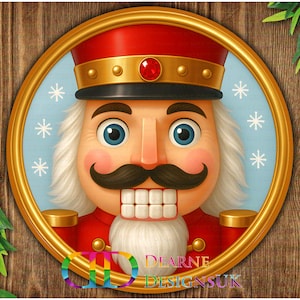 May include: A festive illustration of a Nutcracker soldier in a gold frame. The Nutcracker wears a red hat with a gold band and a red jewel. The background is light blue with white snowflakes. The image is set against a wooden background.