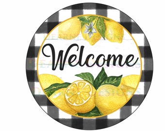 Welcome wreath sign, welcome floral wreath sign, welcome spring wreath sign, welcome plaque, lemon wreath sign, welcome lemons