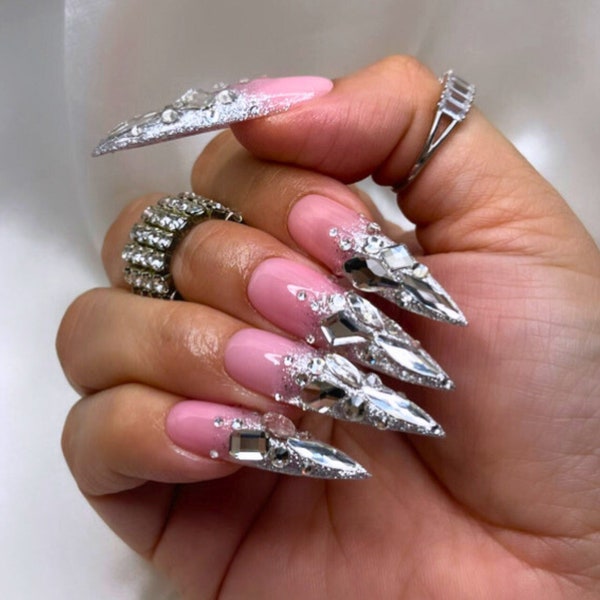 Luxurious Silver Bling French Tip Press on Nails + Free Prep kit |Bright diamond nails for Quincenera 21 Birthday long nails