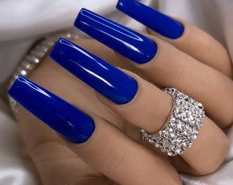 Blue Press on Nails | Free Prep kit & Quick Processing Extra long nails Stiletto nails Bling Nails Coffin Nails Gift for her Fake nails
