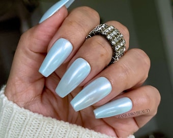 Blue Hailey Bieber Glazed Donut Press On Nails| Luxurious Birthday nails, Quince Nails, Chrome nails Spring Nails Glue on Nails Summer nails