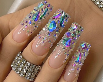 Luxurious Ombre Bling French Tip Press on Nails + Free Prep kit |Bright diamond nails for Quincenera 21 Birthday | Several shapes available!