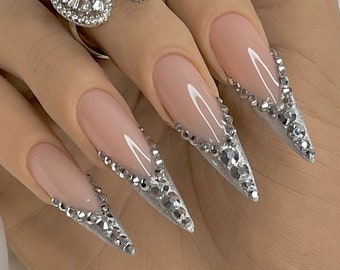 Silver Bling Press On Nails + Free Prep Kit | Luxurious Birthday nails Quince Nails Christmas nails also avail in other shapes and lengths!