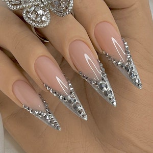 Luxurious Bling French Tip Press on Nails Free Prep Kit bright Diamond Nails  for Quincenera 21 Birthday Other Shapes and Lengths Avail 