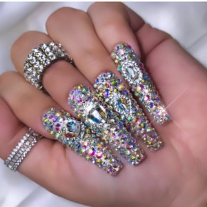 Bling Press on Nails Free Prep Kit Luxurious, Diamond, Swarovski, 21st Birthday, Quincenera Nail Supply Long nails Fake nails image 1