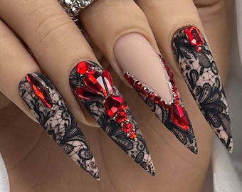 Press On Nails| Black Lace Bling Nails Extra Long nails Stiletto Nails Red Press on Nails Long press on nails |Free Prep Kit