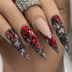 Press On Nails| Black Lace Bling Nails Extra Long nails Stiletto Nails Red Press on Nails Long press on nails |Free Prep Kit