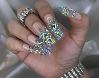 Luxurious Ombre Bling French Tip Press on Nails + Free Prep kit |Bright diamond nails for Quincenera 21 Birthday | Several shapes available!