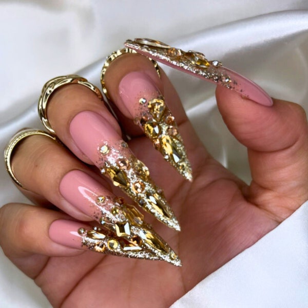 Luxurious Gold with a pink base Press on Nails + Free Prep kit | Perfect Diamond, Swarovski, Quince, 21 Birthday Nails | Other Shapes Avail!