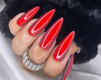 Luxurious Red Black Press on Nails + Free Prep kit | Elegant Ombre glossy long stiletto nails for 21 Birthday Nails Prom Wedding nails