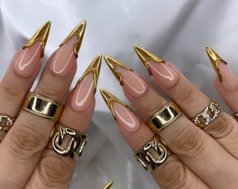 Luxurious 3D Gold French tip Press on Nails + Free Prep kit | Sturdy swirl nails perfect for Quince 21 Birthday Nails | Other Shapes Avail!