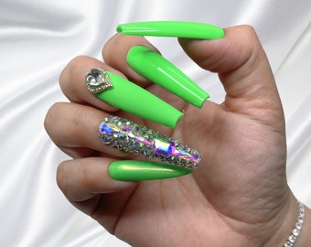 Luxurious Neon Green bling Press on Nails + Free Prep kit | Perfect Diamond, Swarovski, Quince, 21 Birthday Nails | Other Shapes Avail!