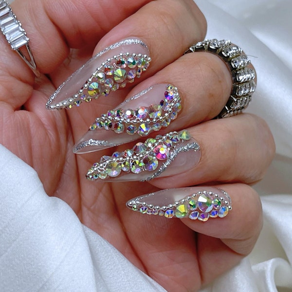 Luxurious Bling Press on Nails + Free Prep kit | Wavy swirl nails Long Diamond nails Swarovski Fake nails 21 Birthday Nails Stiletto Nails