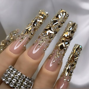 Luxurious Gold w/soft pink base Press on Nails + Free Prep kit | Perfect Diamond, Swarovski, Quince, 21 Birthday Nails | Other Shapes Avail!