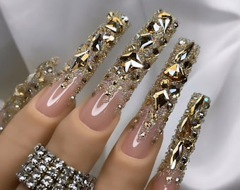 Luxurious Gold w/soft pink base Press on Nails + Free Prep kit | Perfect Diamond, Swarovski, Quince, 21 Birthday Nails | Other Shapes Avail!