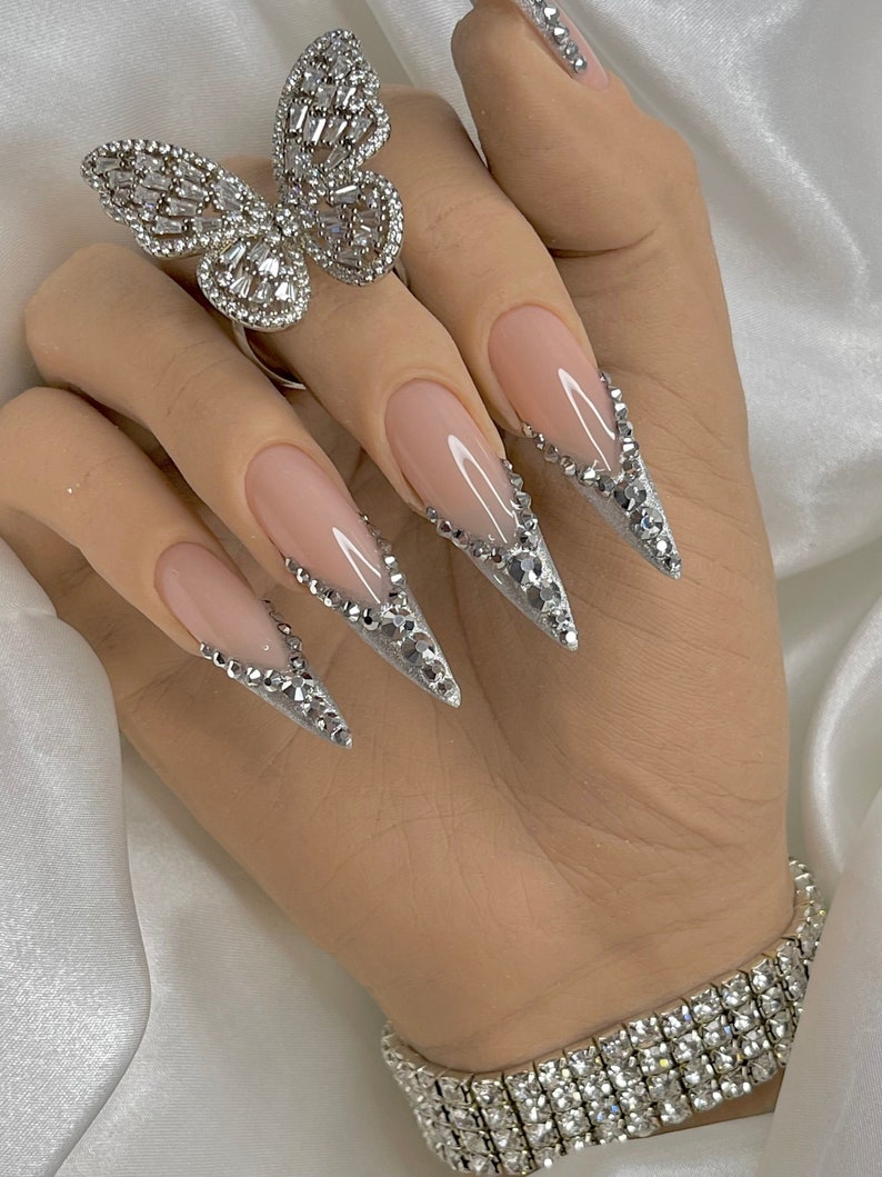 Silver Bling Press On Nails Free Prep Kit Luxurious Birthday nails Quince Nails Christmas nails also avail in other shapes and lengths image 1