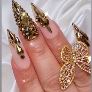 Luxurious Gold Press on Nails Free Prep kit Dark Gold Bling bling with a soft pink base and a matte finish image 3